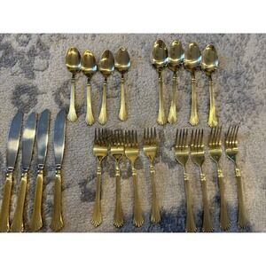Service For 4 RoyalHousehold Gold Stainless Flatware‎ Set Fork, Spoon, Knife